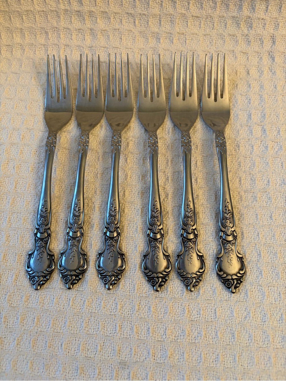 Vintage National Stainless Rose & Leaf Pattern Dinner Forks Japan - Set of 6